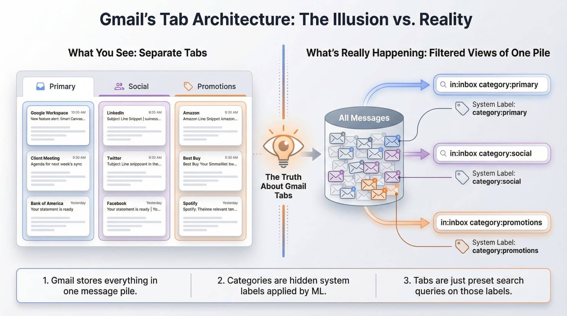 Technical diagram revealing Gmail tabs are actually filtered views of hidden system labels, not separate storage locations